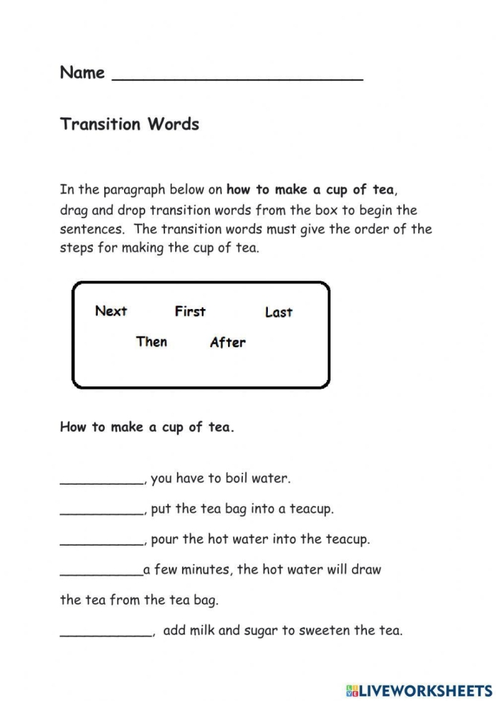 Transition Words in Informational Writing worksheet for sixth-grade students practicing grammar skills