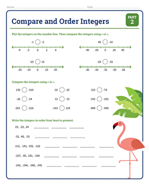 Compare and Order Integers Part 1 worksheet for enhancing number theory skills Worksheet featuring exercises on comparing and ordering positive and negative integers for sixth graders