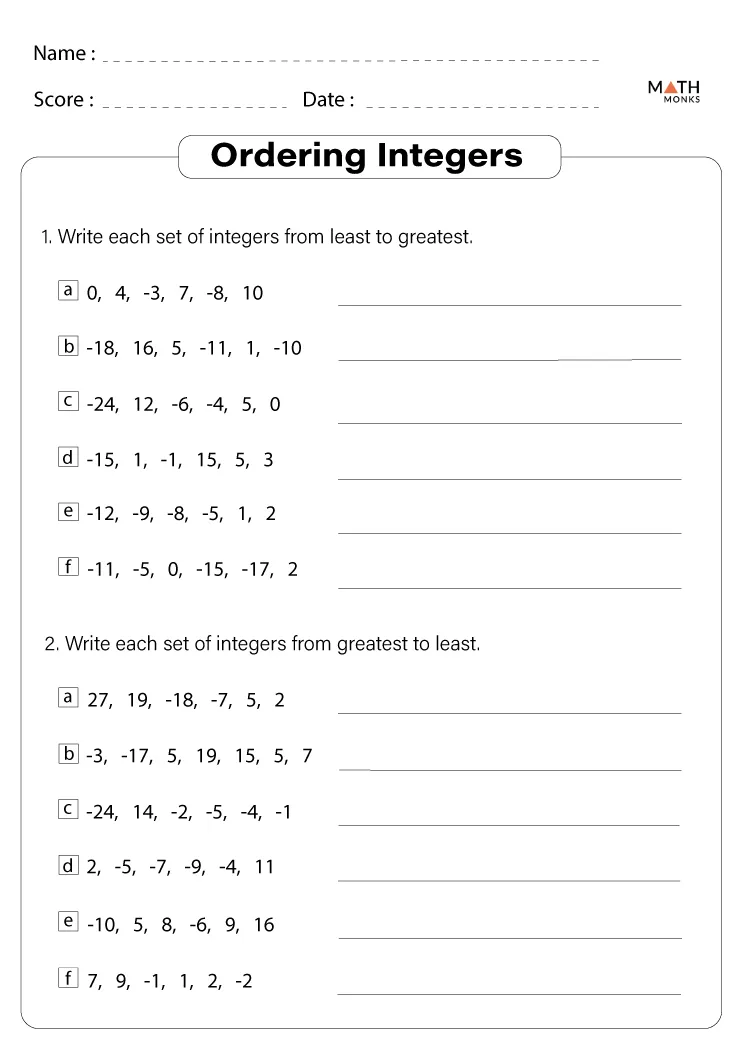 Compare and Order Integers Part 1 Worksheet for 6th Grade Math Practice 7 Sixth grade worksheet featuring a series of problems to practice comparing and ordering positive and negative integers