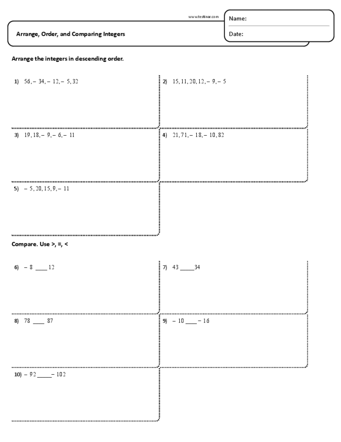 Compare and Order Integers Part 1 Sixth Grade Math Worksheet 10 Sixth grade math worksheet for comparing and ordering positive and negative integers part 1