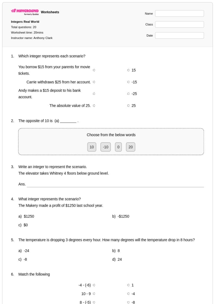 Worksheet showcasing real-world word problems involving integers for sixth graders