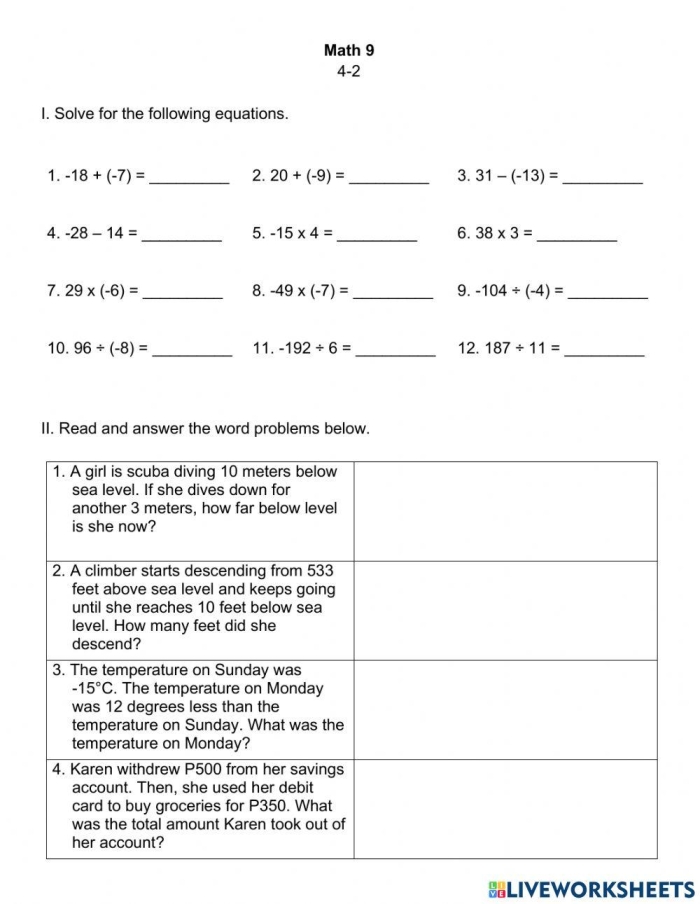 Worksheet featuring sixth-grade students solving real-world word problems with integers