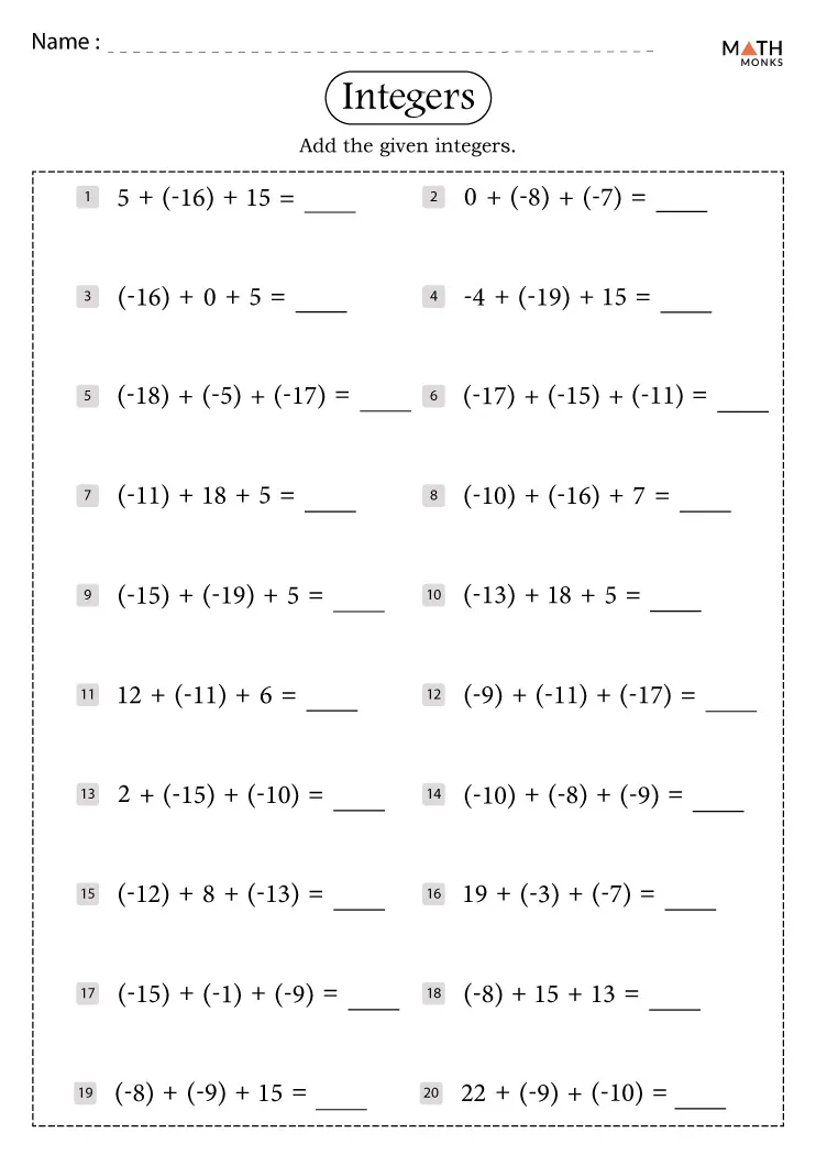 Sixth grade math worksheet introducing positive and negative integer concepts