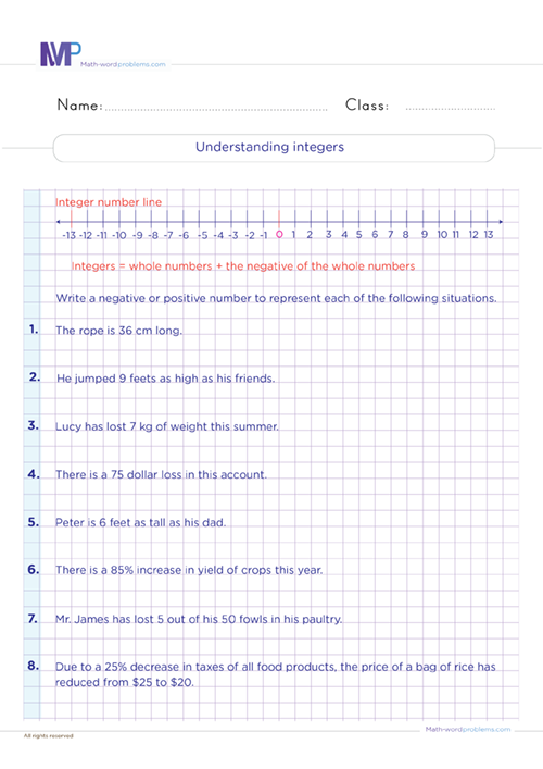 Sixth grade math worksheet explaining the concept and usage of integers