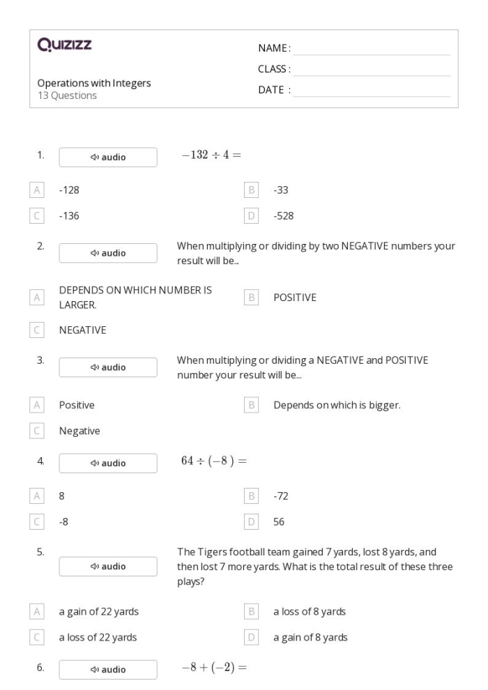 Sixth grade math worksheet explaining the concept and usage of integers