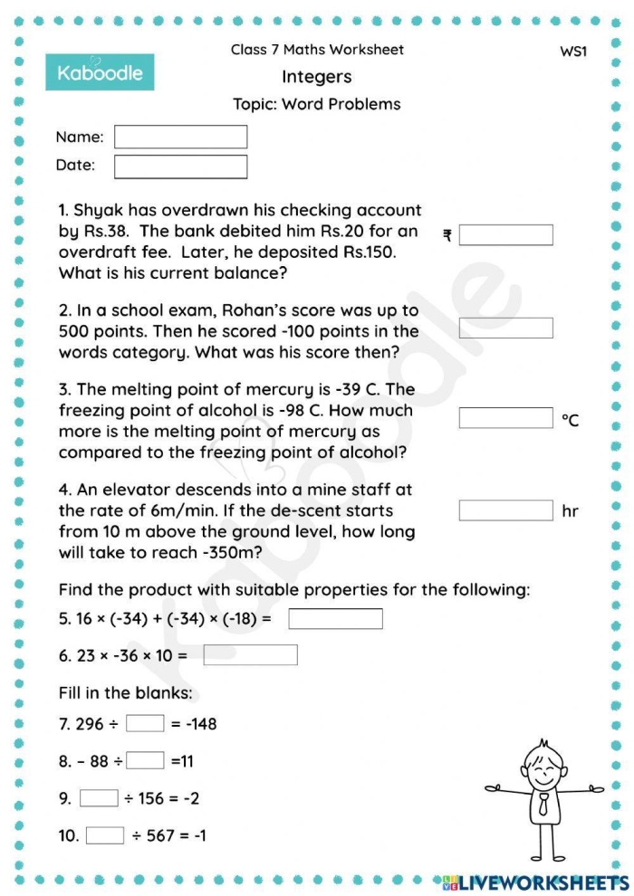 Worksheet featuring sixth graders solving word problems with integers in real-life situations