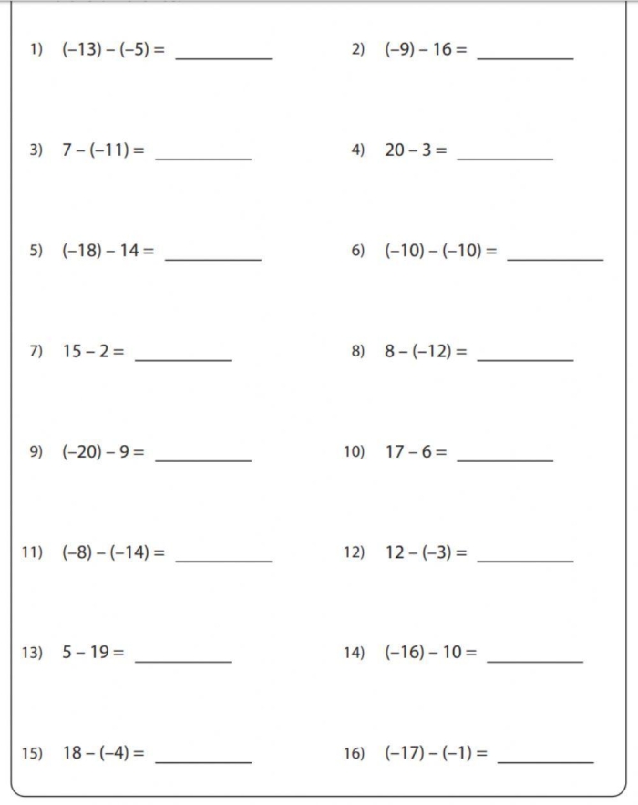 Sixth grade math worksheet explaining the concept and usage of integers