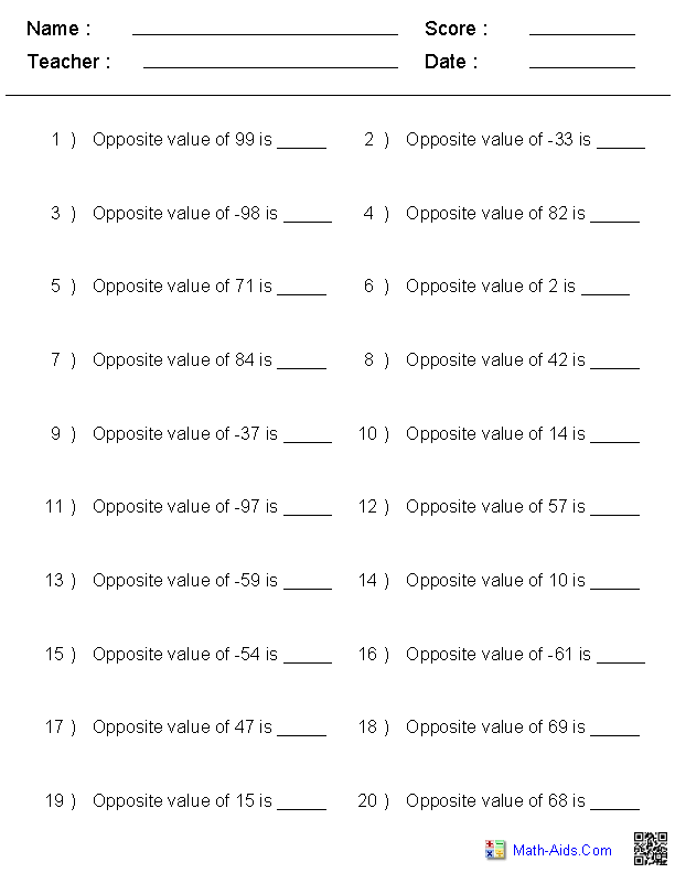 Sixth grade math worksheet explaining the concept and usage of integers