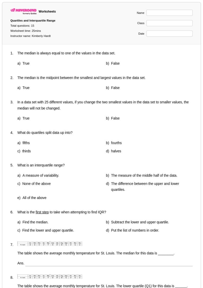 Interquartile Range Practice Worksheet for Sixth Grade Students 20 Sixth grade math worksheet focused on calculating the interquartile range of various data sets.