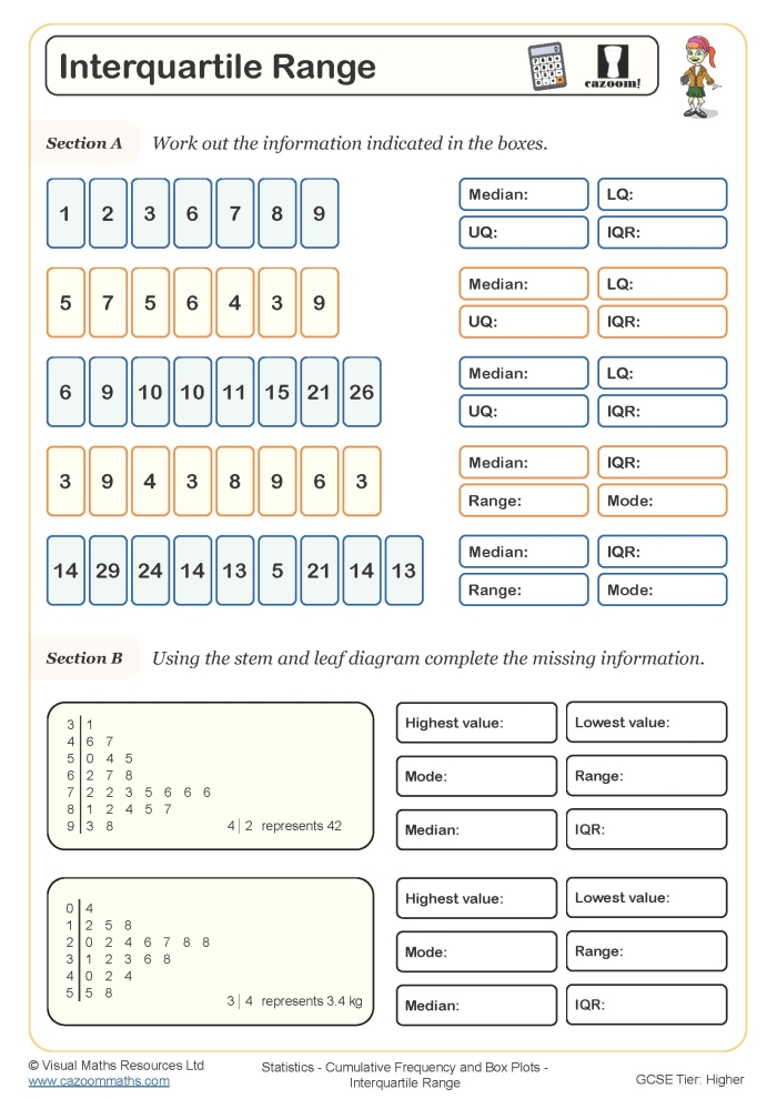 Interquartile Range Practice Worksheet for Sixth Grade Students 18 Sixth grade math worksheet focused on calculating the interquartile range of various data sets