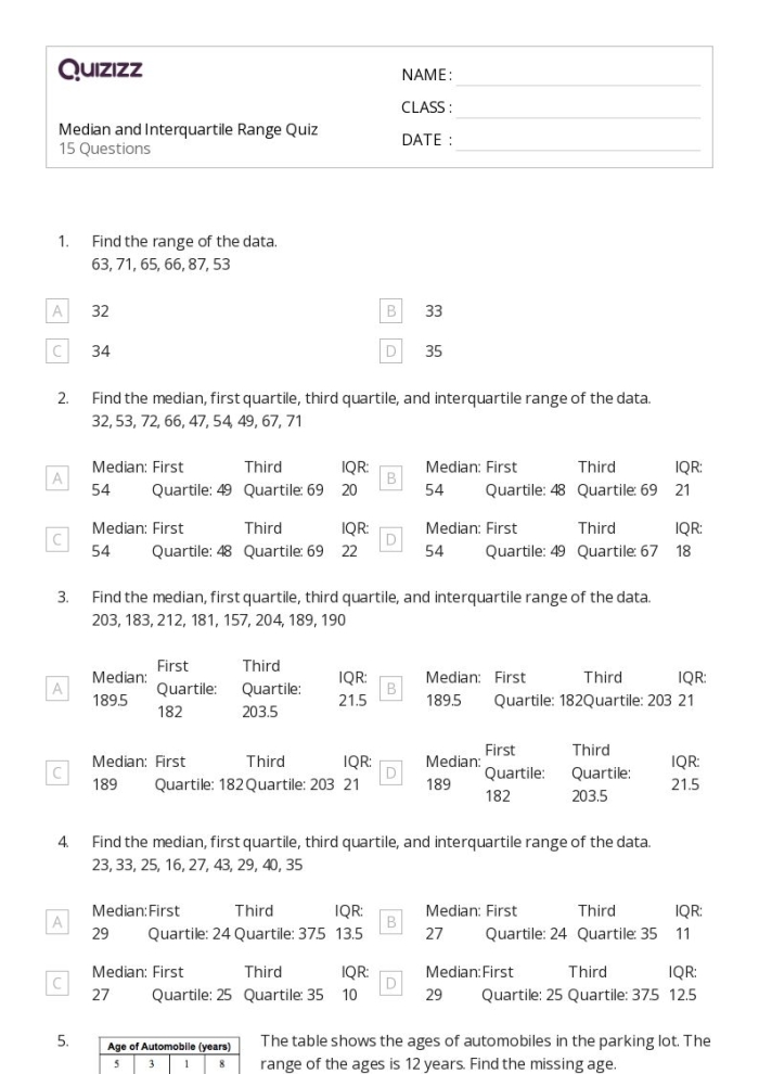 Interquartile Range Math Practice Worksheet for Sixth Grade Students Sixth grade student working on a math worksheet to calculate the interquartile range of provided data sets