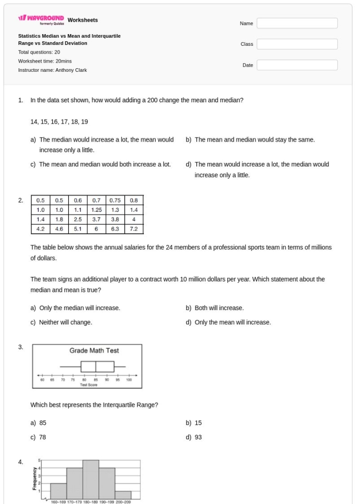 Interquartile Range Practice Worksheet for Sixth Grade Statistics Sixth grade math worksheet for calculating the interquartile range of various data sets