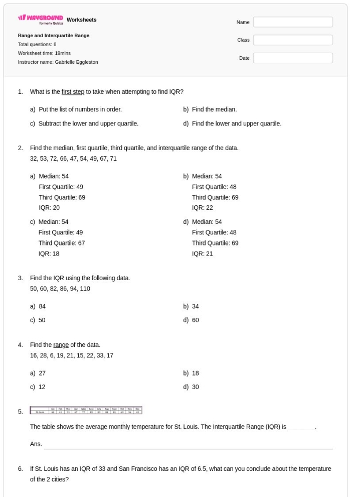 Interquartile Range Practice Worksheet for Sixth Grade Students Sixth grade math worksheet focused on calculating the interquartile range of various data sets