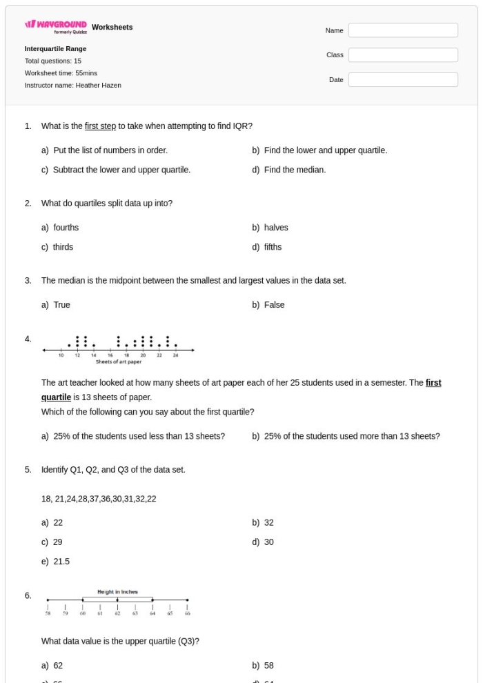 Interquartile Range Math Practice Worksheet for Sixth Grade Students 13 Sixth grade statistics worksheet focusing on calculating the interquartile range of various data sets