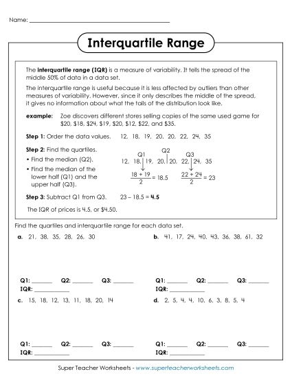 Interquartile Range Practice Worksheet for Sixth Grade Students 7 Sixth grade math worksheet focused on calculating the interquartile range for statistical data sets