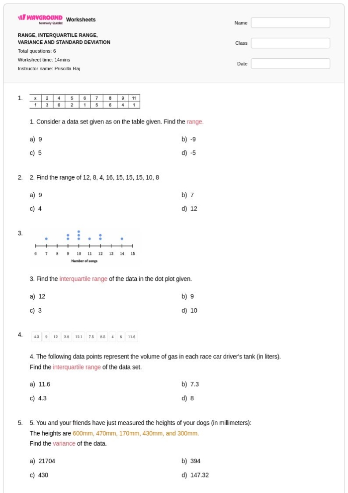 Interquartile Range Practice Worksheet for Sixth Grade Students 24 Sixth grade math worksheet focused on calculating the interquartile range of various data sets