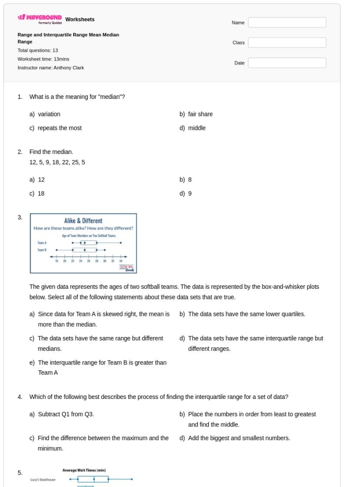 Finding the Interquartile Range: Sixth Grade Statistics Practice Problem 16 Sixth grade student working through interquartile range calculations on a statistics practice worksheet with data sets and number lines
