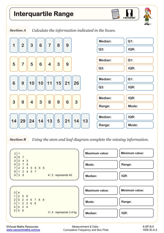 Interquartile Range Math Practice for Grade 6 Students Sixth grade student working through interquartile range problems on a statistics practice worksheet with data sets and quartile calculations