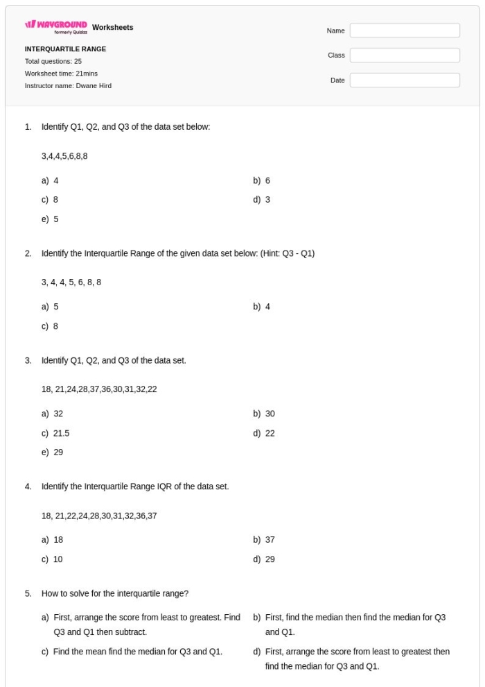 Interquartile Range Practice Worksheet 21 Sixth grade math worksheet for calculating the interquartile range of various statistical data sets