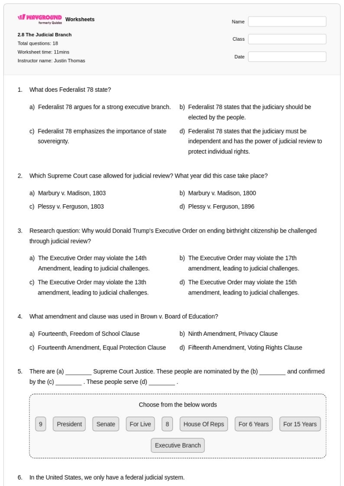 Judicial Branch Graphic Organizer Worksheet for 6th Grade Social Studies Sixth grade student worksheet explaining the federal judicial branch with graphic organizer