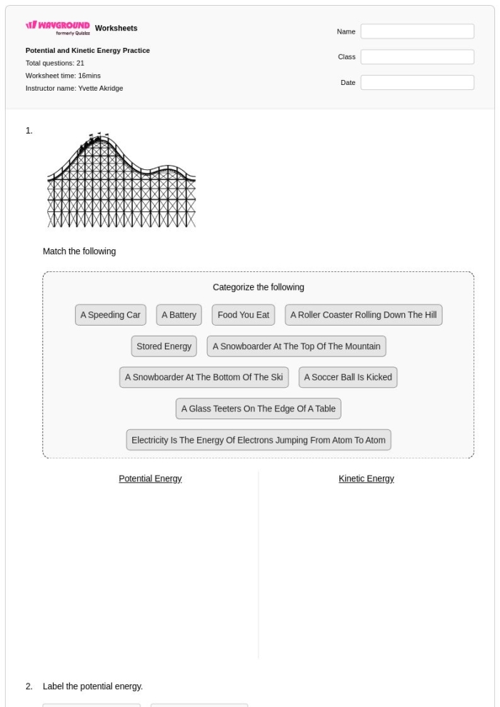 Sixth grade science worksheet on calculating the relationship between kinetic energy, mass, and speed