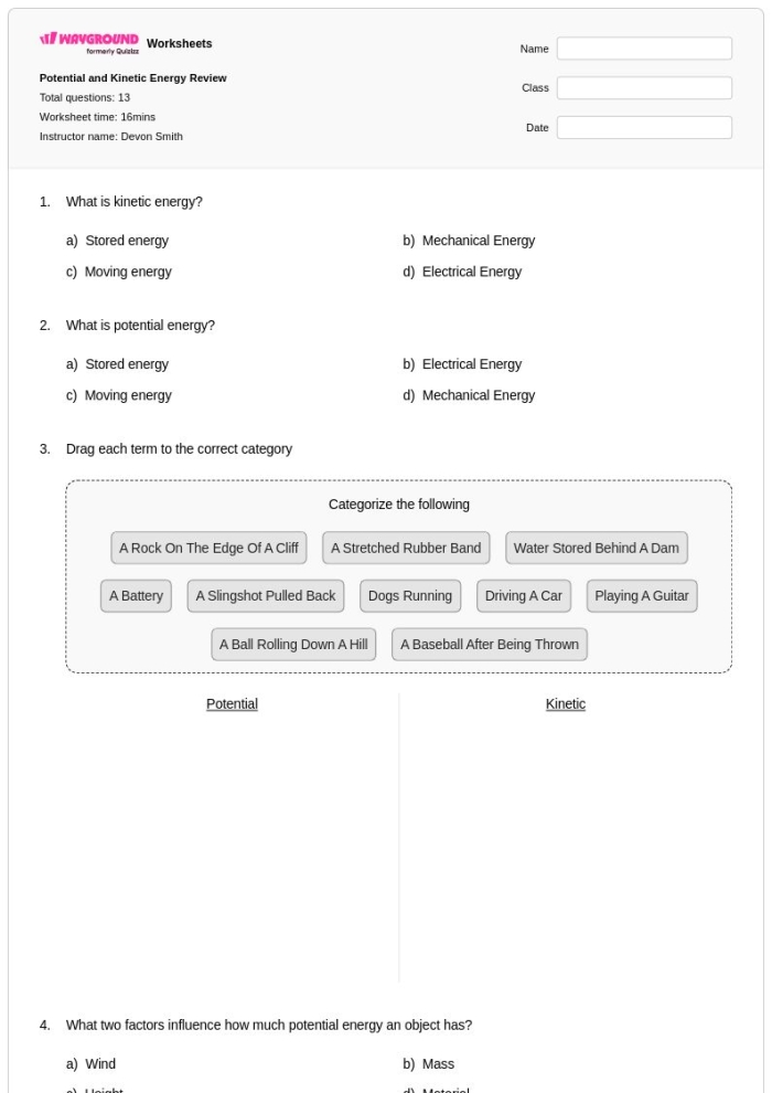 Sixth grade physical science worksheet exploring the mathematical relationships between mass speed and kinetic energy
