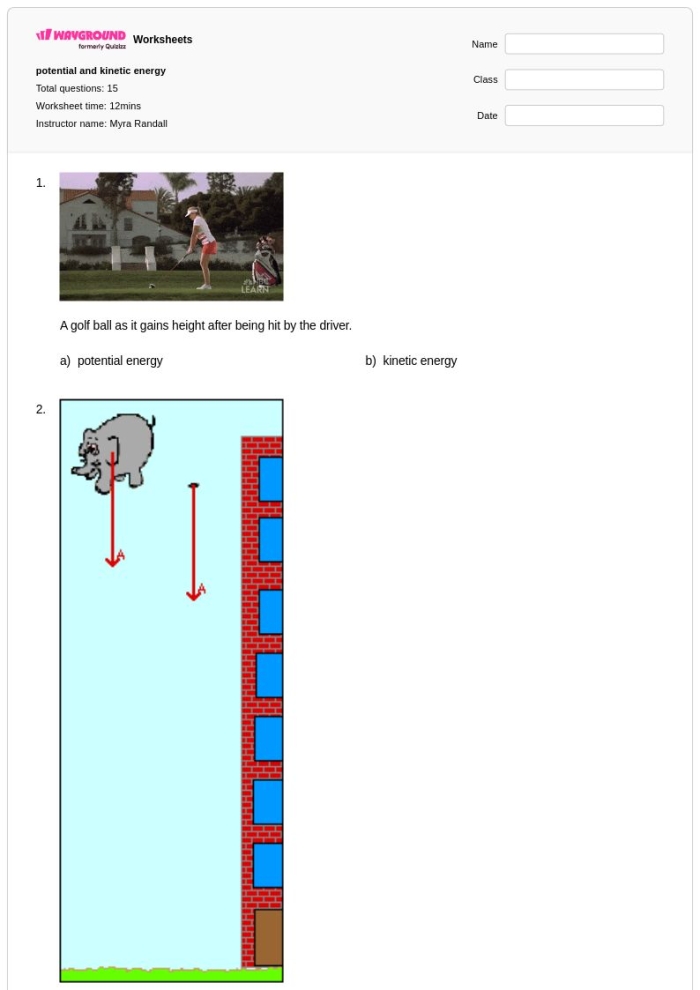 Sixth grade science worksheet focused on calculating the relationship between kinetic energy mass and speed