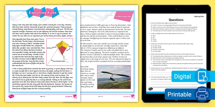 Informational reading comprehension worksheet featuring a historical passage about kites for sixth grade students