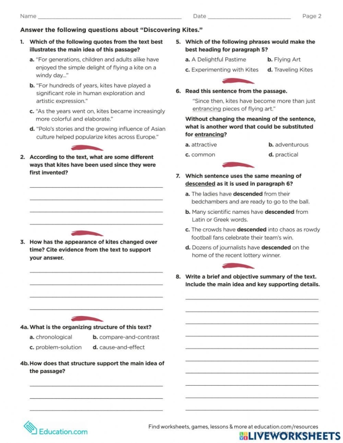 Sixth grade reading comprehension worksheet about the history and science of kites