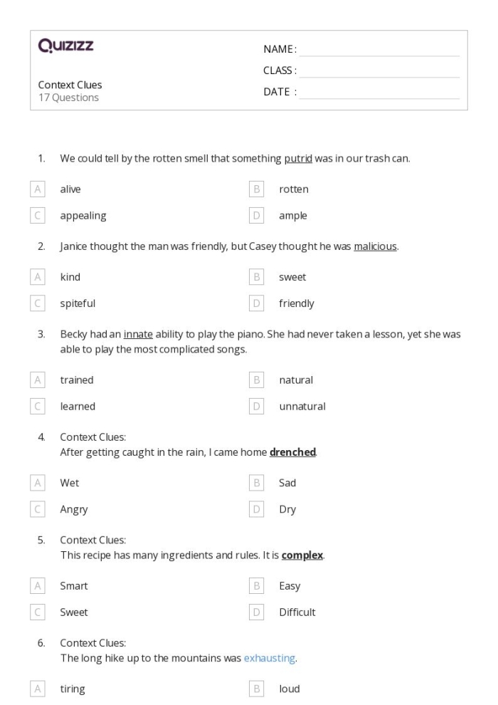 Sixth grade worksheet showing exercises for matching language to different speaking and writing contexts with multiple choice examples
