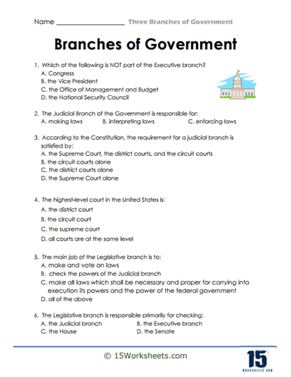 Sixth grade legislative branch graphic organizer worksheet for understanding federal government roles
