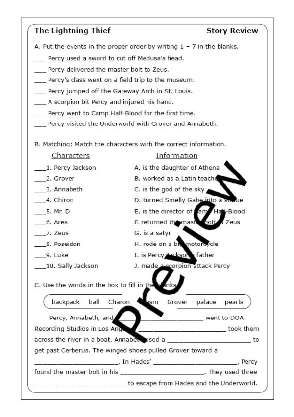 Engaging students in background knowledge before reading Rick Riordan's novel Worksheet for pre-reading activities on The Lightning Thief for sixth graders
