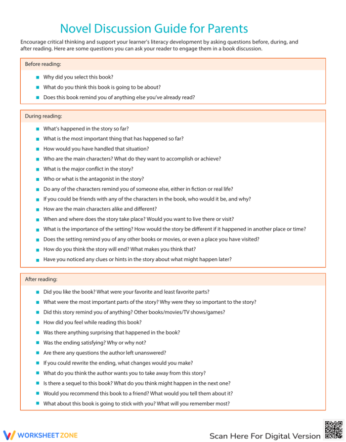 Sixth grade novel discussion guide worksheet for literacy development and critical thinking