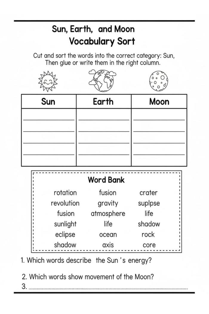 Sixth grade science worksheet showing the various lunar phases within the Earth-Sun-Moon system