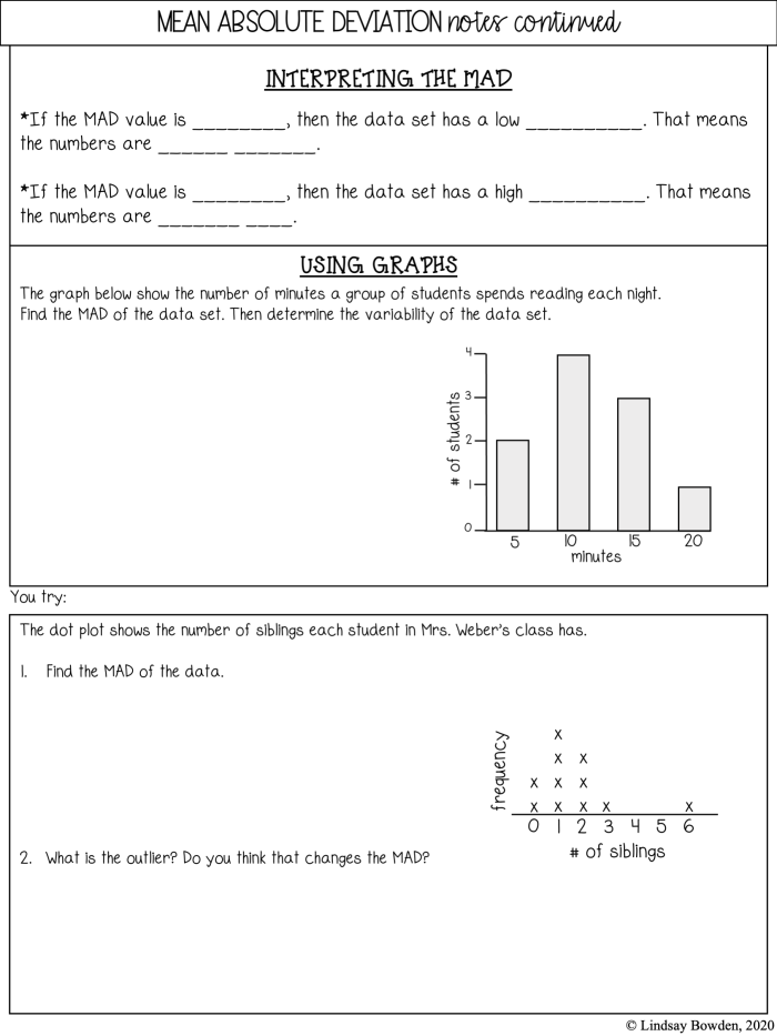 Sixth grade students solving mean absolute deviation problems with fraction data sets on a math worksheet