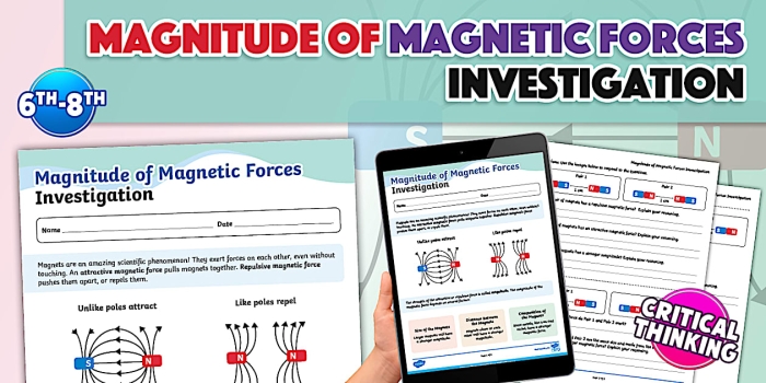 Students measuring and comparing magnetic force strength using magnets and metal objects in a science experiment setup