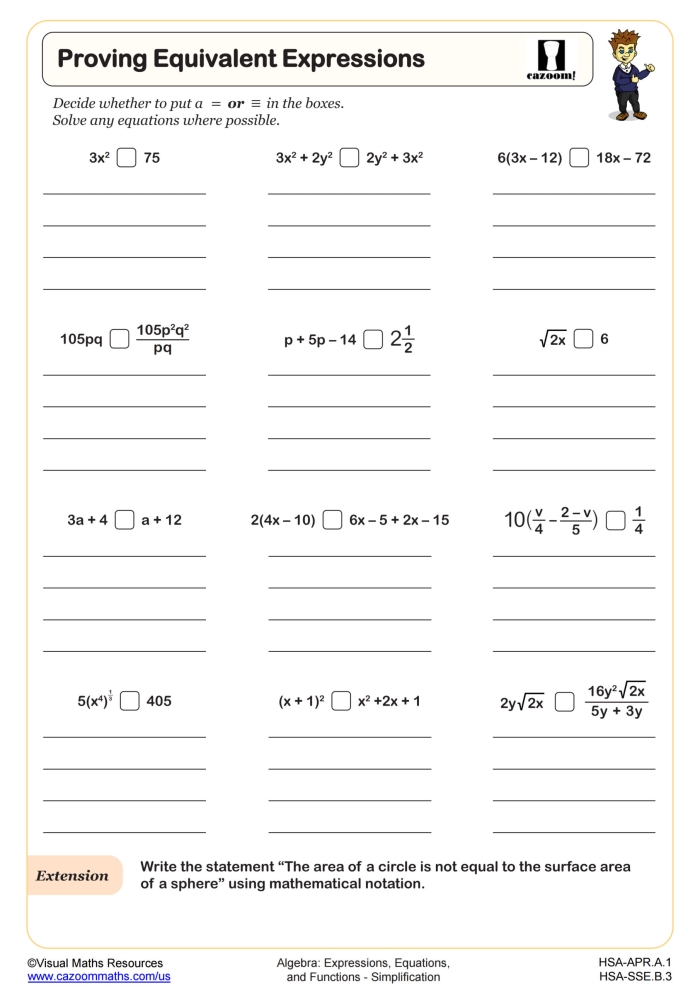 Worksheet featuring a matching activity for sixth graders to practice equivalent expressions related to time and money