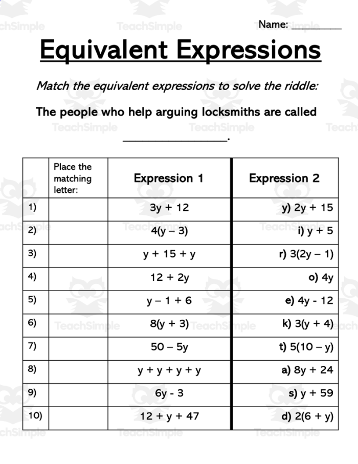 Worksheet featuring a matching activity for equivalent expressions in a time and money context. Engaging sixth-grade equivalent expressions matching activity worksheet.