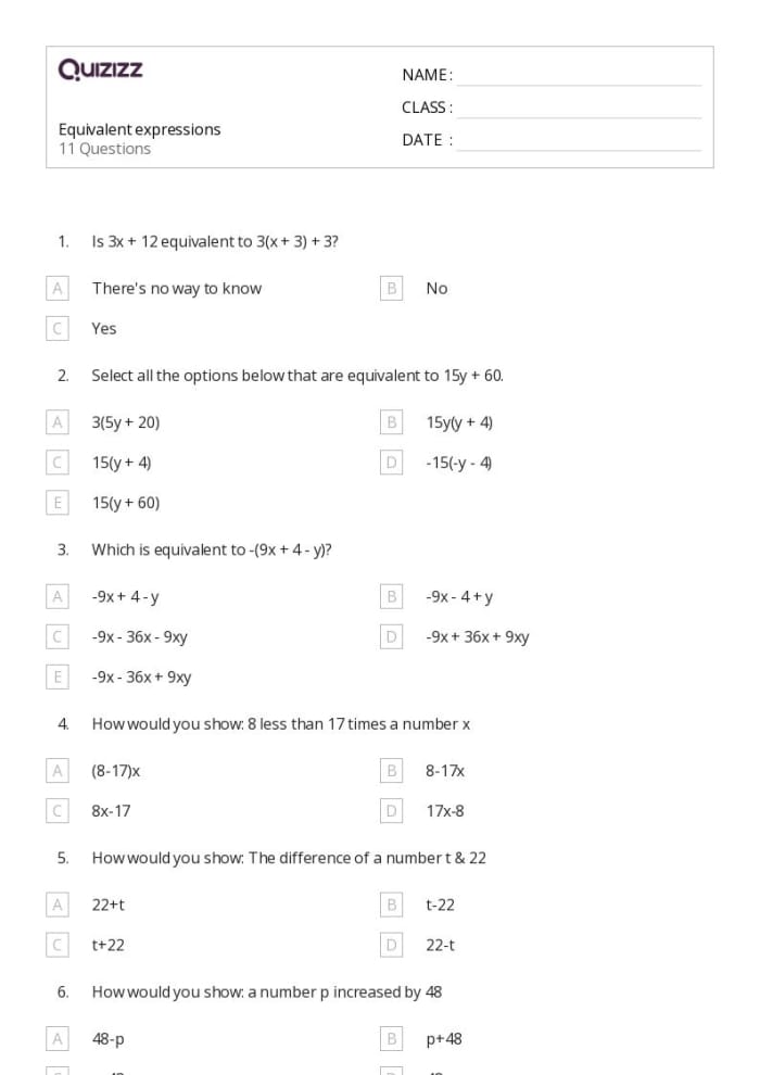 Sixth grade students completing a math activity by drawing lines between matching equivalent expressions worksheet 9