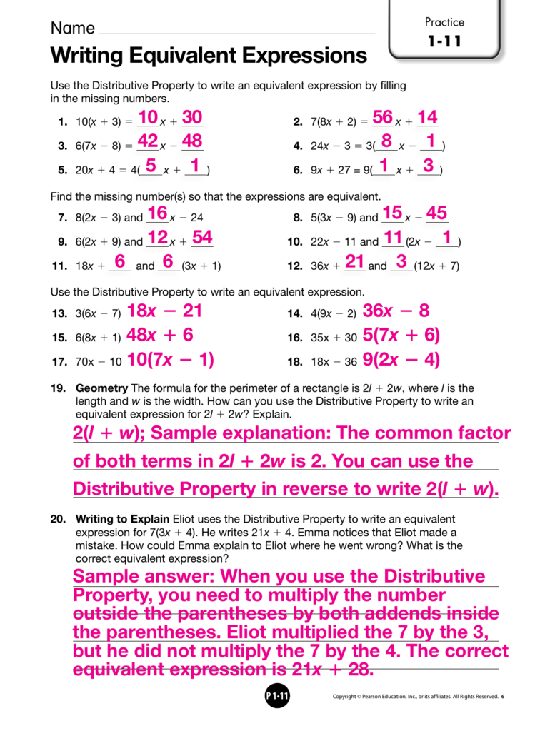Sixth grade algebra worksheet featuring a column-based matching activity for equivalent mathematical expressions