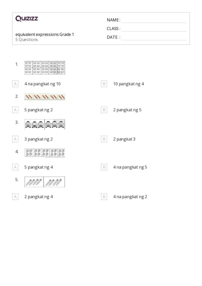 Worksheet featuring a matching activity for equivalent expressions in algebra for sixth graders