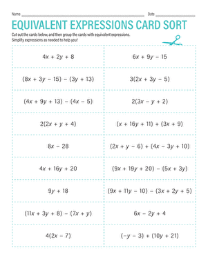 Worksheet featuring a matching activity for identifying equivalent algebraic expressions