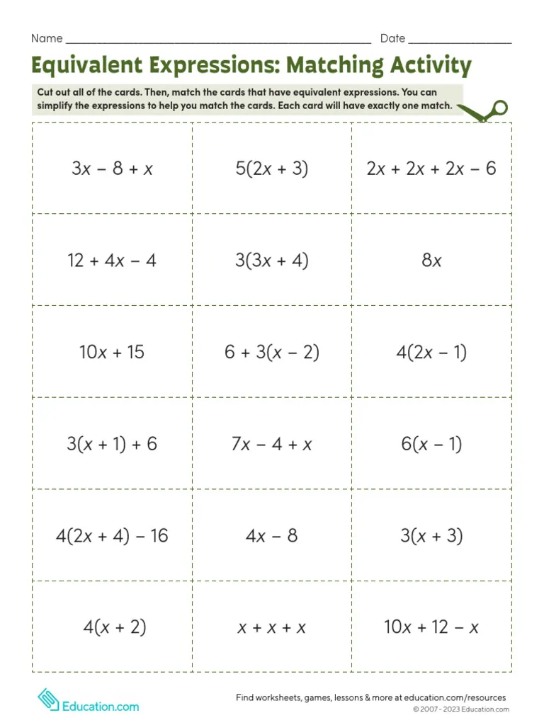 Sixth grade algebra worksheet for matching equivalent expressions