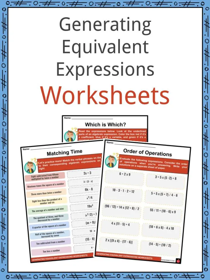 Sixth grade math worksheet showing problems for matching equivalent algebraic expressions