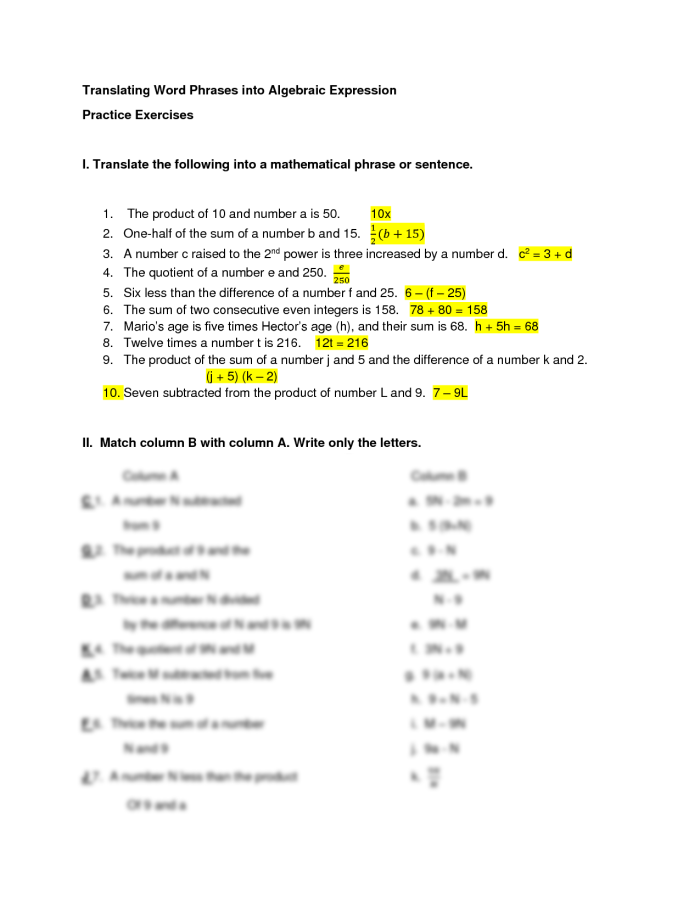 Variable Expression Word Problems Matching Activity Worksheet 21 Sixth grade math worksheet for matching word problems to their corresponding variable expressions