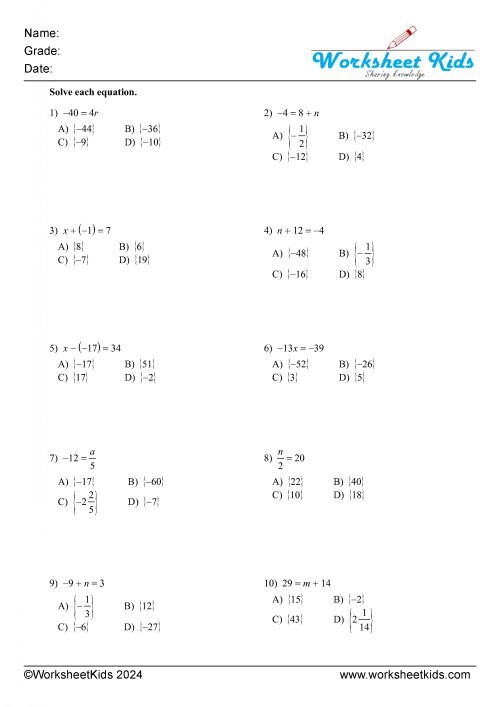 Worksheet for solving one-step addition and subtraction equations for sixth graders