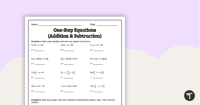 Worksheet featuring one-step addition and subtraction equations for sixth graders