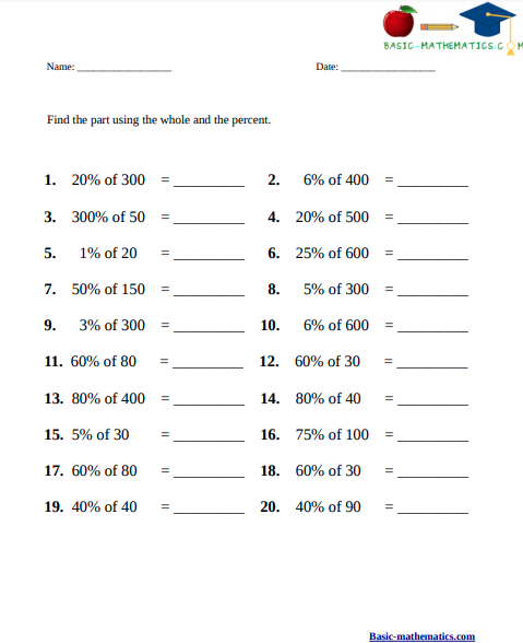 Sixth grade math worksheet focused on calculating percentages part one