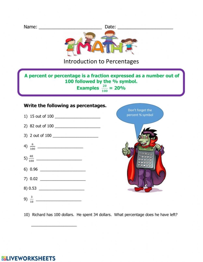 Sixth grade students practicing math skills with a calculating percentage worksheet