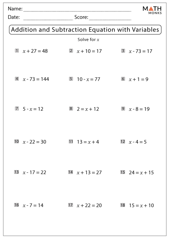 Sixth grade math worksheet for practicing one-step addition and subtraction equations
